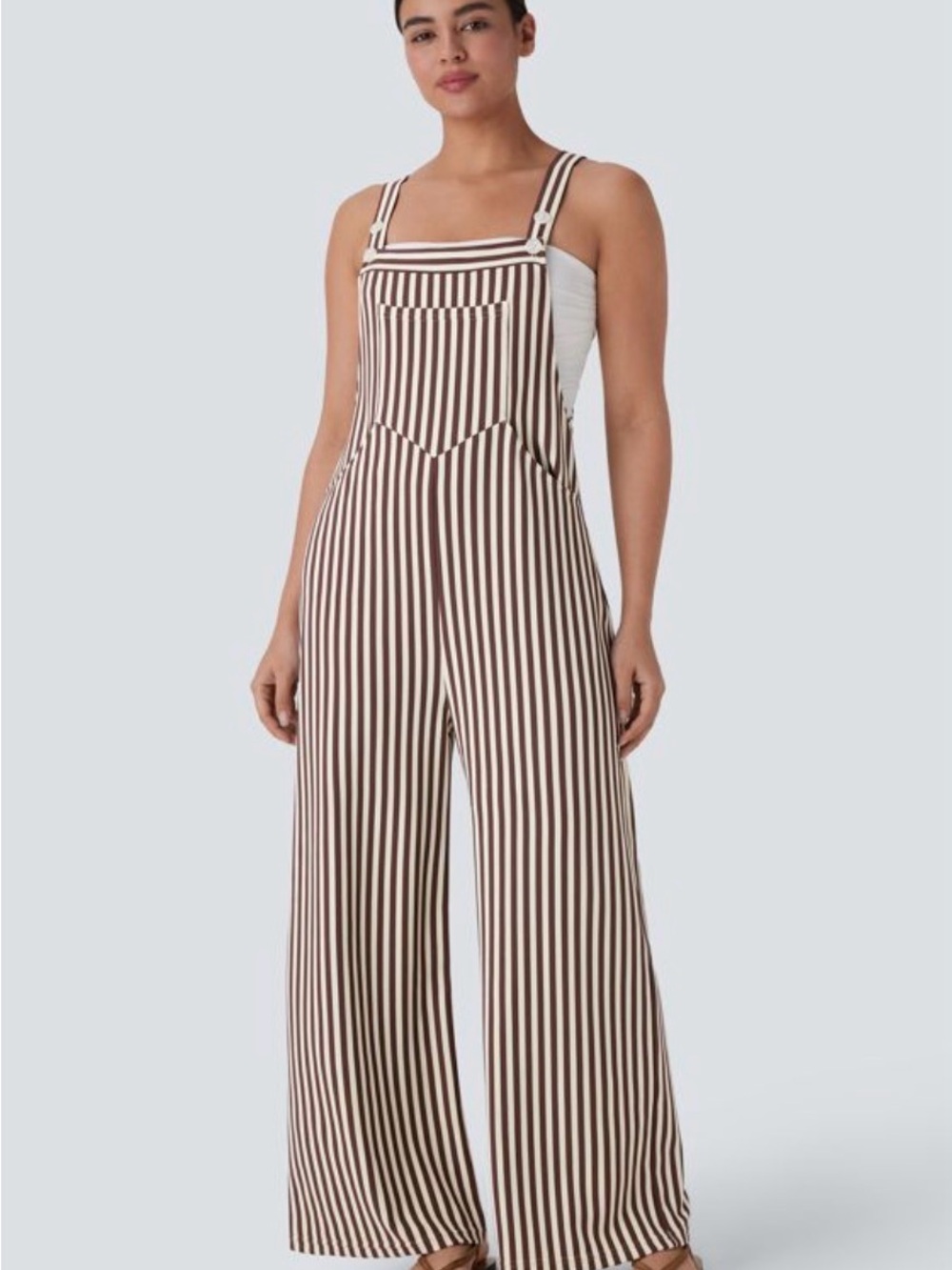 Halara Striped Wide-Leg Overalls — Brown/White